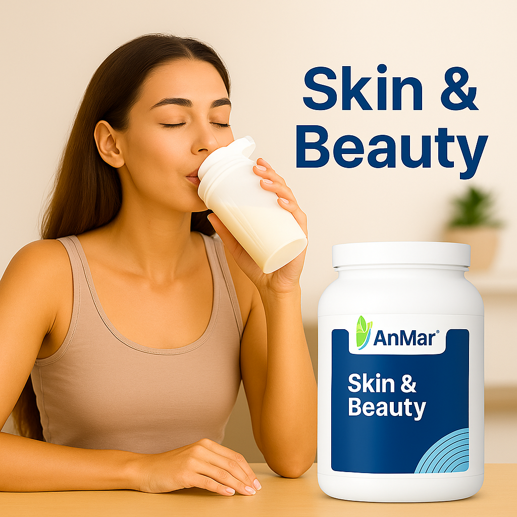 A young woman with radiant skin drinks a supplement shake beside an AnMar™ "Skin & Beauty" collagen tub, promoting healthy skin, hair, and nails.