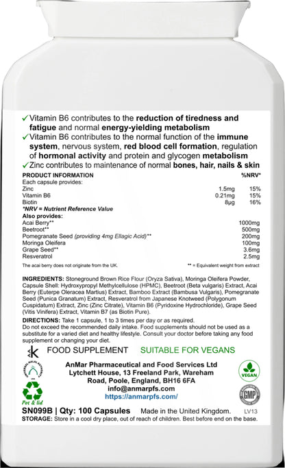 Back label of AnMar™ Acai+ Immunity Shield showing supplement facts, ingredients, directions, and nutritional benefits including acai, beetroot, pomegranate, and vitamins B6, B7, and zinc.