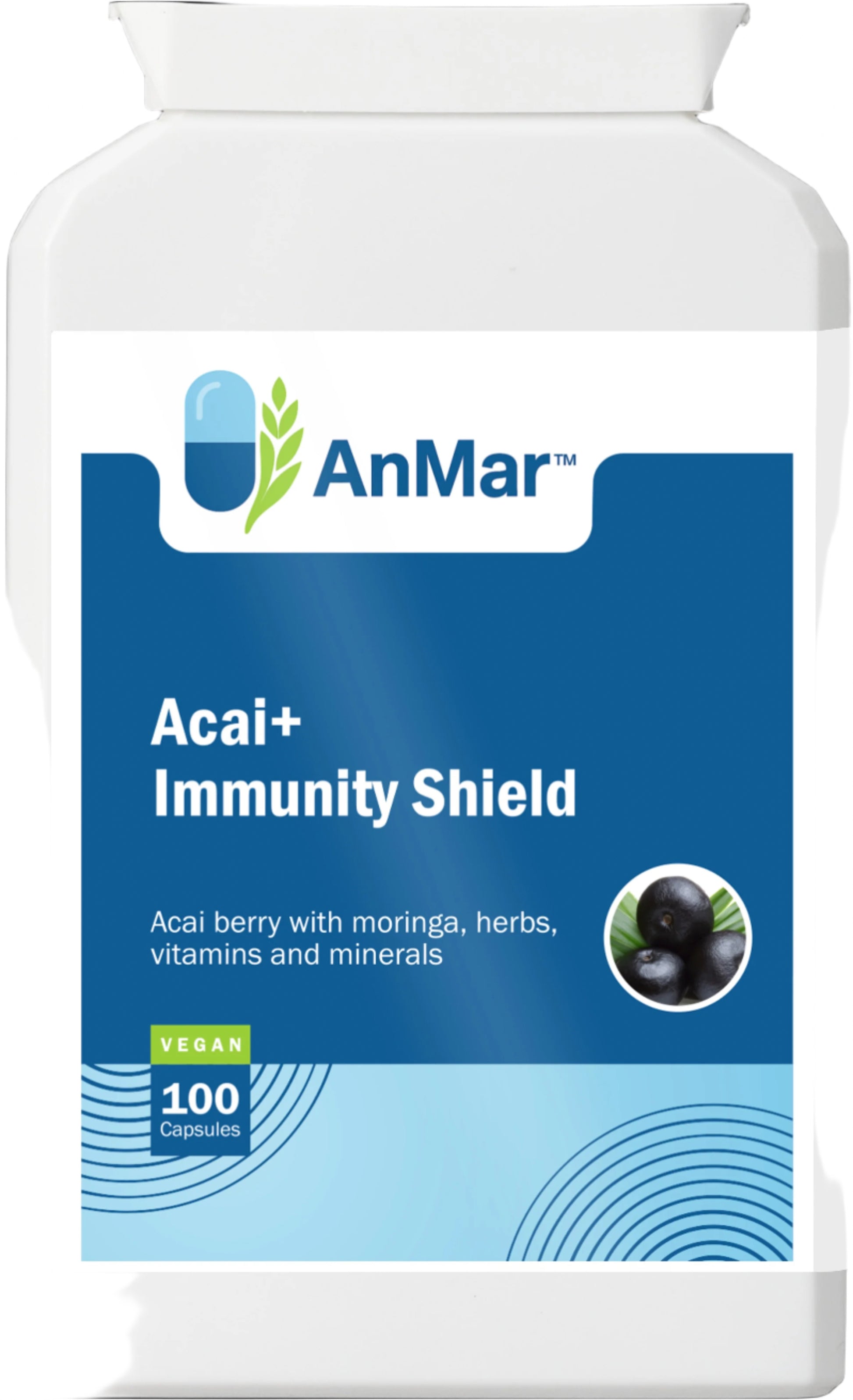 Front view of AnMar™ Acai+ Immunity Shield supplement bottle showing acai berry, moringa, herbs, vitamins, and minerals blend with 100 vegan capsules.