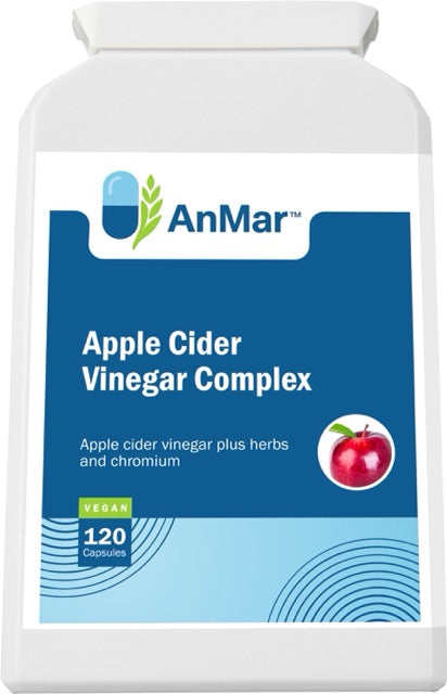 Front-facing view of AnMar™ Apple Cider Vinegar Complex label with apple icon. Shows product name, vegan 120 capsules, and formula with herbs and chromium.