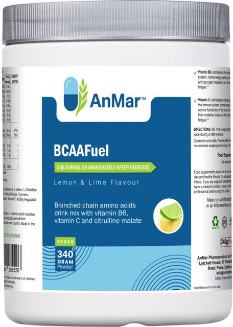 Front view of AnMar™ BCAAFuel 340g tub showing lemon and lime flavour BCAA supplement with vitamin B6, vitamin C, and citrulline malate. Label highlights vegan formula and post-exercise use.