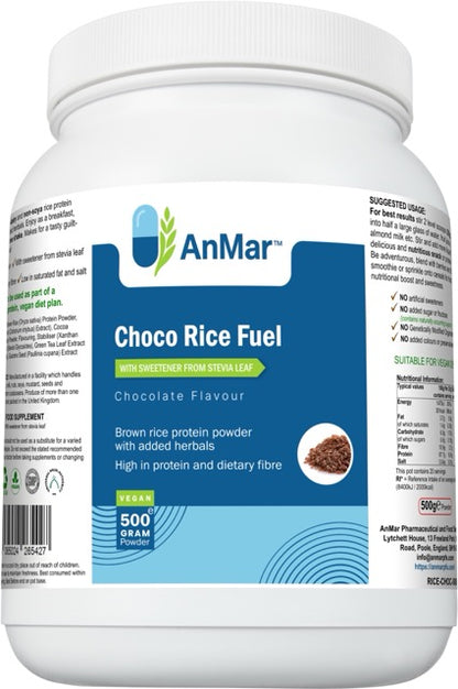 Front label of AnMar™ Choco Rice Fuel showing chocolate flavour vegan protein powder made with brown rice and added herbs. High protein and dietary fibre content noted.
