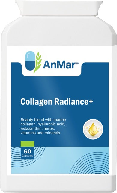 Front label of AnMar™ Collagen Radiance+ bottle, a beauty formula with marine collagen, hyaluronic acid, astaxanthin, and vitamins – 60 capsules.