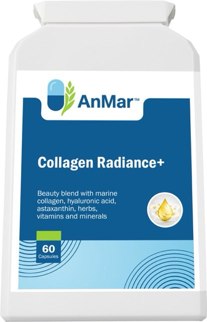 Flat front view of AnMar™ Collagen Radiance+ supplement bottle with marine collagen, hyaluronic acid, and antioxidant-rich ingredients – 60 capsules.