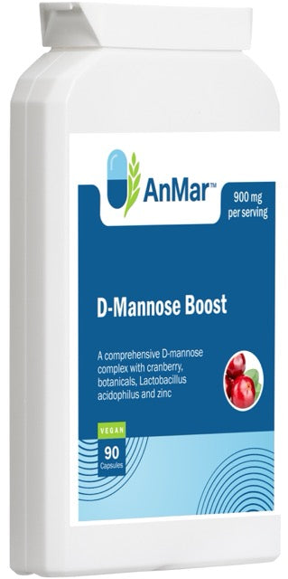 Angled front view of AnMar™ D-Mannose Boost supplement bottle showing label with cranberry imagery and vegan-friendly mark.