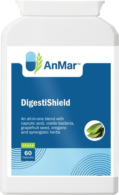Front label of AnMar™ DigestiShield supplement bottle showing product name, vegan badge, and key benefits including caprylic acid, live bacteria, and herbs for digestive support.