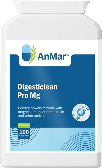 Front-facing view of AnMar™ Digesticlean Pro Mg supplement, featuring 100 vegan capsules with magnesium, beet fibre, inulin, and active ingredients for digestive health.