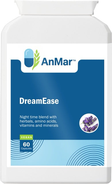 Front label of AnMar™ DreamEase supplement bottle featuring a vegan formula with herbs, amino acids, vitamins, and minerals for nighttime relaxation and sleep support.
