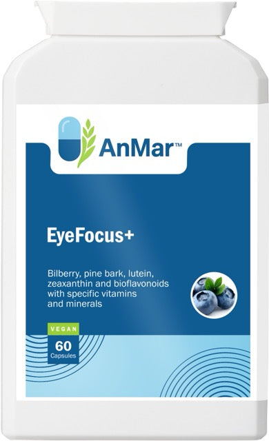 Front of AnMar™ EyeFocus+ supplement bottle showing product name, ingredients like bilberry and lutein, and 60 vegan capsules.