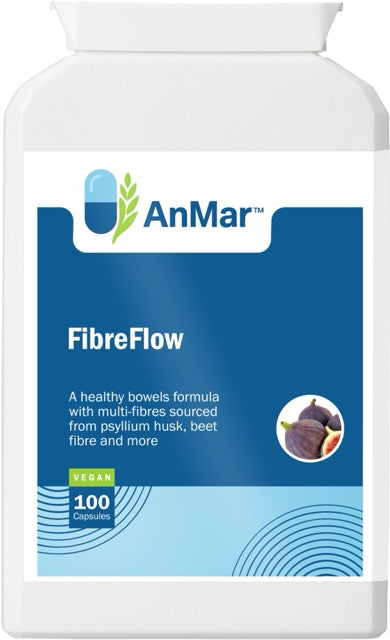 Front view of AnMar™ FibreFlow supplement bottle showing product name, fig and beetroot image, and 100 vegan capsules for bowel and digestive support.