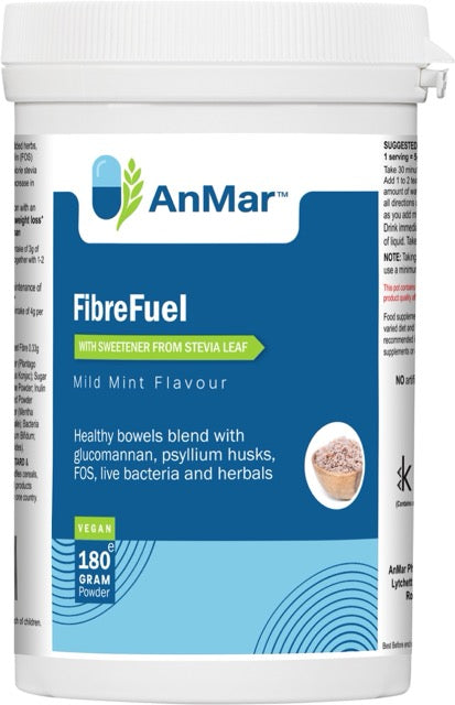 Flat front-facing label of AnMar™ FibreFuel mild mint flavour supplement, showing vegan-friendly 180g powder with glucomannan, psyllium husks, FOS, probiotics, and herbal blend.