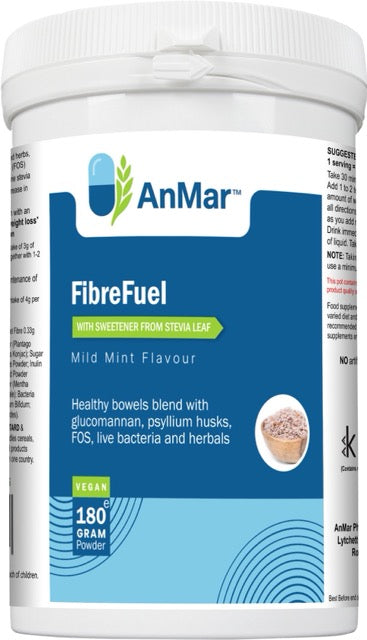 Front label of AnMar™ FibreFuel 180g tub showing product name, mild mint flavour, vegan icon, and highlights including glucomannan, psyllium husks, FOS, live bacteria, and herbals.
