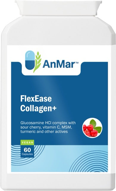 Front label of AnMar™ FlexEase Collagen+ supplement showing 60 vegan capsules with glucosamine, MSM, vitamin C, turmeric, and sour cherry.