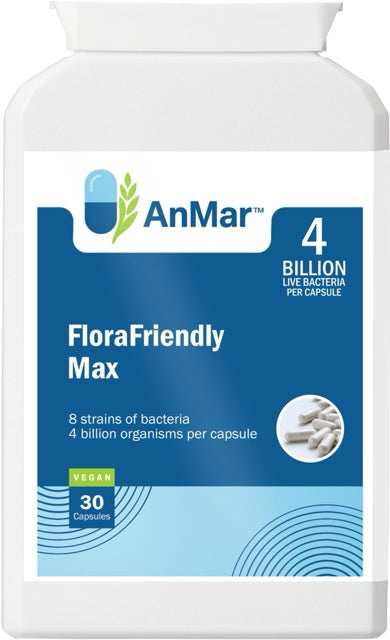 Front view of AnMar™ FloraFriendly Max supplement bottle showing 4 billion live bacteria per capsule with 8 strains of probiotics. Vegan, 30 capsules.