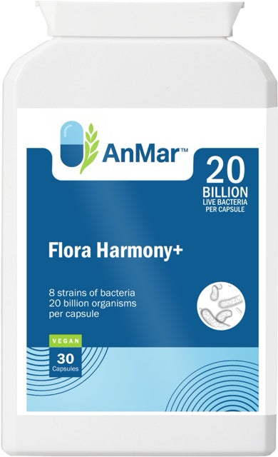 Front-facing image of AnMar™ Flora Harmony+ bottle, a vegan probiotic supplement with 8 strains and 20 billion live bacteria per capsule.