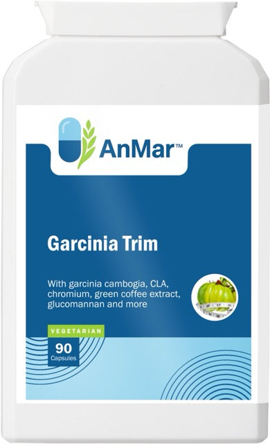 Front label of AnMar™ Garcinia Trim bottle highlighting garcinia cambogia, CLA, chromium, green coffee extract, and glucomannan blend.