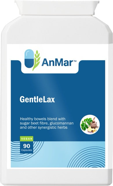Front view of AnMar™ GentleLax supplement bottle with vegan label and herbal bowel support blend graphic.