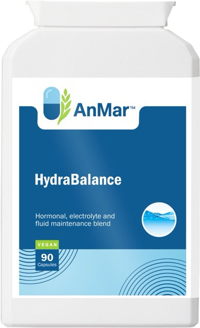 Front view of AnMar™ HydraBalance supplement bottle featuring branding, product name, and label highlights including hormonal, electrolyte, and fluid maintenance support. Contains 90 vegan capsules.