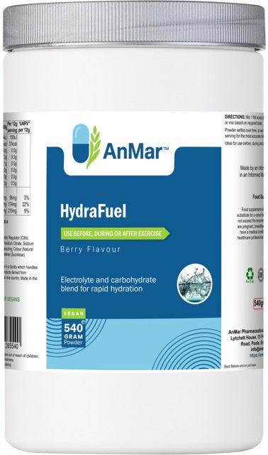 Front of AnMar™ HydraFuel 540g tub showing product name, berry flavour, usage guidance, and hydration blend branding.