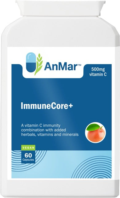 Front view of AnMar™ ImmuneCore+ supplement bottle showing 500mg vitamin C blend with added herbs, vitamins, and minerals for immune support. Contains 60 vegan capsules.