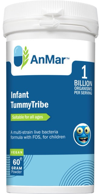 Front view of AnMar™ Infant TummyTribe bottle featuring child-friendly live bacteria formula with FOS, suitable for all ages, 60g vegan powder.