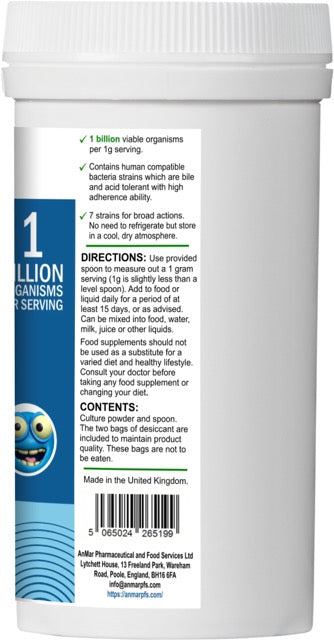 Rear label of AnMar™ Infant TummyTribe showing usage directions, storage guidance, 1 billion organisms per serving, and 7-strain probiotic benefits for children.