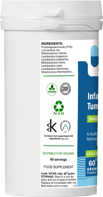 Side label of AnMar™ Infant TummyTribe showing ingredients list with live bacteria strains and FOS, plus vegan, GMP, recyclable, and kosher certifications.