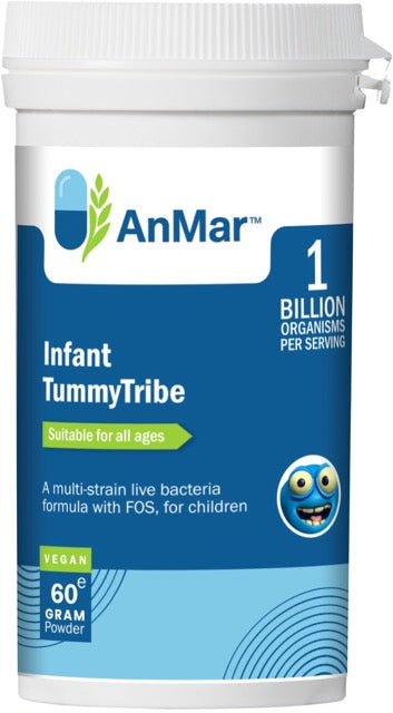 Angled image of AnMar™ Infant TummyTribe probiotic powder tub, showing blue label with friendly cartoon icon and details of 1 billion organisms per serving, suitable for all ages.