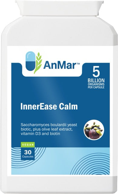 Front view of AnMar™ InnerEase Calm supplement bottle showing 5 billion organisms per capsule with olive leaf extract, D3 and biotin.