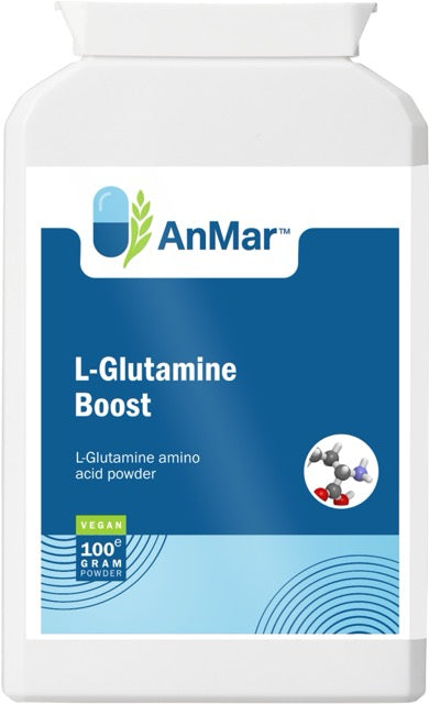 Front label of AnMar™ L-Glutamine Boost 100g vegan amino acid powder with molecule graphic and product details.