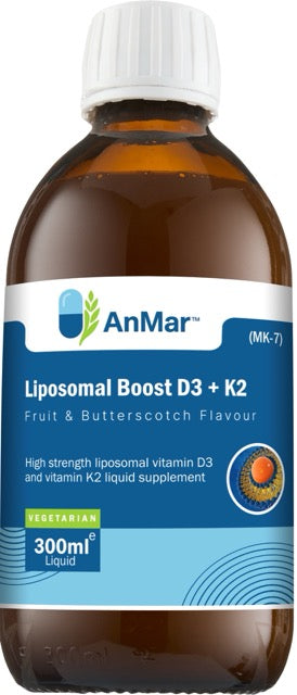 Side view of AnMar™ Liposomal Boost D3 + K2 300ml liquid supplement with white cap and dark amber bottle.