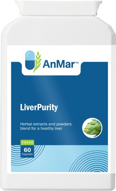 Front view of AnMar™ LiverPurity supplement bottle showing product label with green artichoke icon and vegan certification.