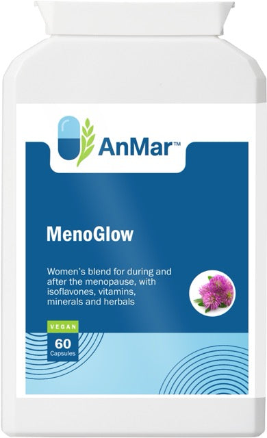 Front view of AnMar™ MenoGlow supplement bottle for menopause support, showing 60 vegan capsules and a blend of vitamins, minerals, and herbals.