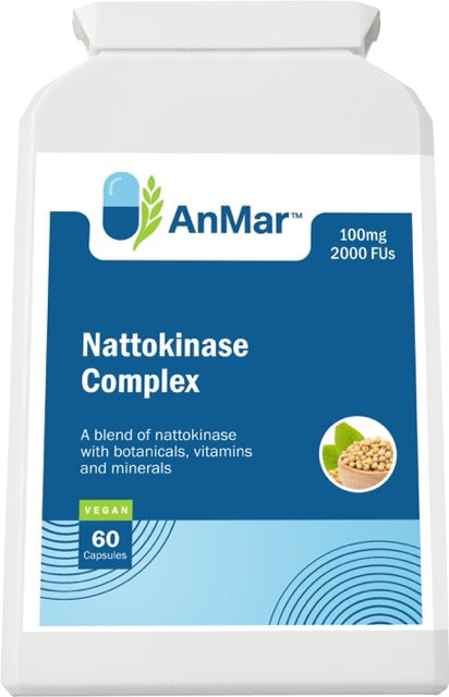 Angled front view of AnMar™ Nattokinase Complex showing 100mg strength, 2000 FUs per capsule, and vegan-friendly formula with botanicals, vitamins, and minerals.