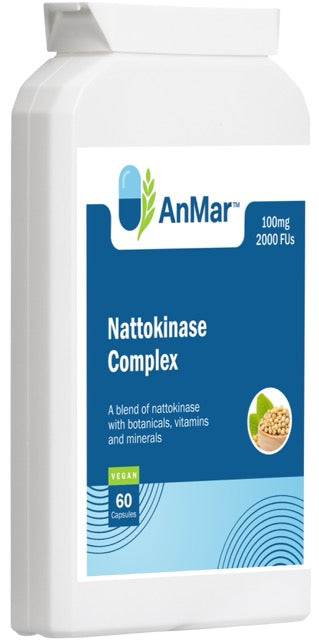 Left-angled product view of AnMar™ Nattokinase Complex showing 60 vegan capsules with 100mg nattokinase and 2000 FUs per serving.