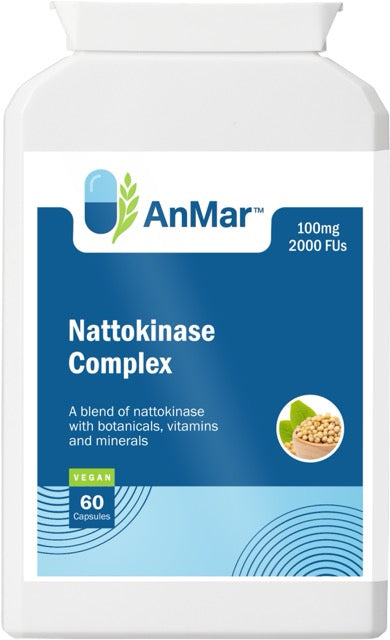 Front label of AnMar™ Nattokinase Complex showing 100mg potency, 2000 FUs per capsule, and key features including botanicals, vitamins, and minerals.
