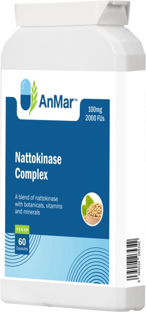 Angled front-right view of AnMar™ Nattokinase Complex bottle showing product label with soy graphic and barcode edge.