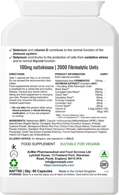 Back of AnMar™ Nattokinase Complex bottle showing supplement facts, usage directions, and vegan-friendly certification.