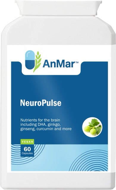 Front-facing image of AnMar™ NeuroPulse bottle with 60 vegan capsules, supporting brain health with DHA, ginkgo, ginseng, and curcumin.