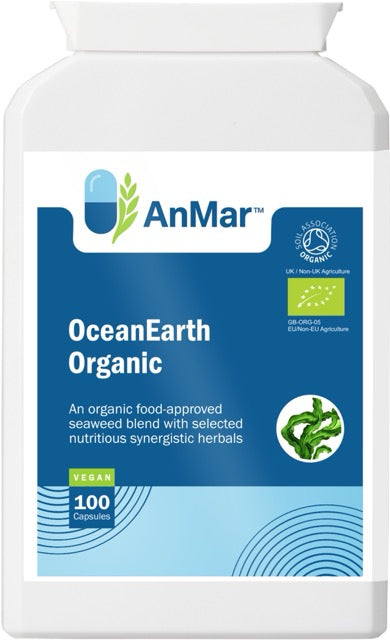 Front-facing image of AnMar™ OceanEarth Organic supplement bottle with organic seaweed blend, vegan label, and certified organic logos.
