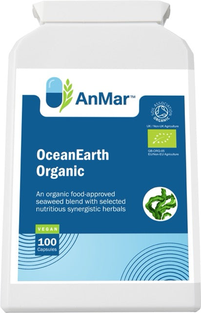 Top-front angled view of AnMar™ OceanEarth Organic supplement bottle featuring vegan and organic certification labels with seaweed blend branding.