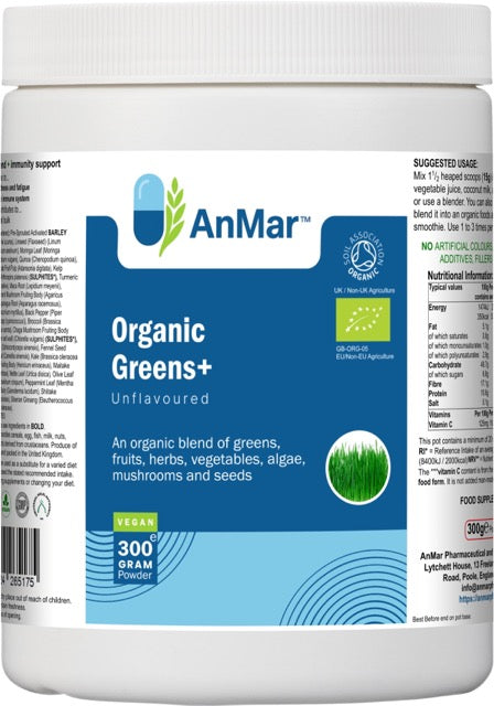 Front label of AnMar™ Organic Greens+ 300g vegan powder tub showing product name, organic certification, and benefits of a superfood blend of greens, fruits, herbs, vegetables, algae, and seeds.