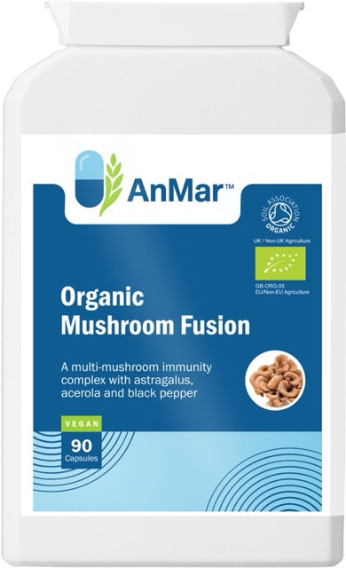 Front label of AnMar™ Organic Mushroom Fusion supplement bottle with 90 vegan capsules, featuring certified organic ingredients including mushrooms, astragalus, acerola, and black pepper.