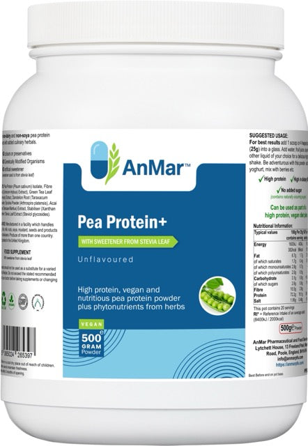 Front and side label of AnMar™ Pea Protein+ showing product title, unflavoured pea protein blend, and nutritional panel for vegan high-protein supplement.