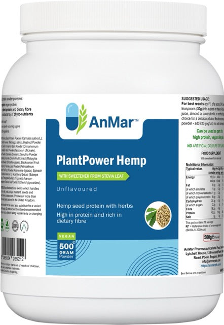Front label of AnMar™ PlantPower Hemp 500g tub, showing hemp seed protein powder with herbs, vegan and fibre-rich formula.