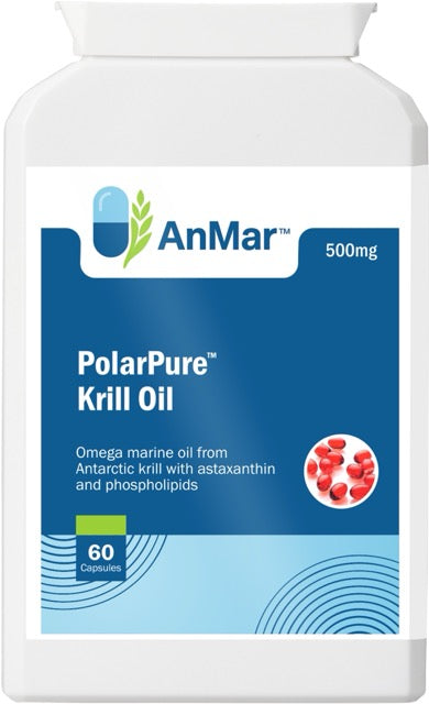 Front view of AnMar™ PolarPure™ Krill Oil 500mg supplement bottle with 60 capsules, highlighting Antarctic krill oil, astaxanthin, and phospholipids.