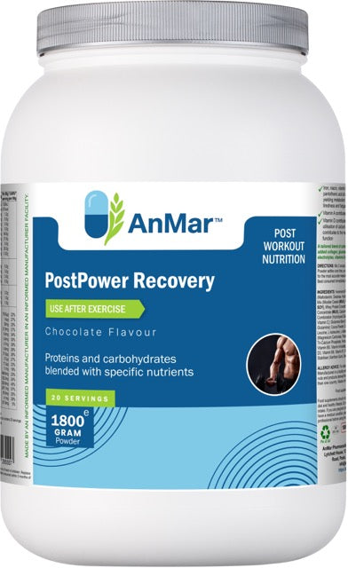 Front view of AnMar™ PostPower Recovery chocolate flavour protein and carbohydrate blend for post-workout nutrition in 1800g tub.