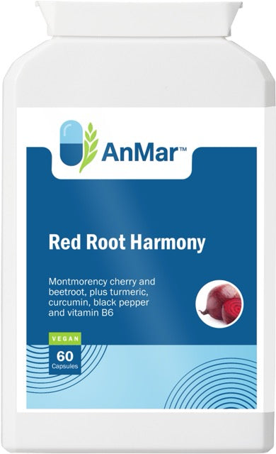 Front label of AnMar™ Red Root Harmony supplement bottle featuring montmorency cherry, beetroot, turmeric, curcumin, black pepper, and vitamin B6. Vegan, 60 capsules.