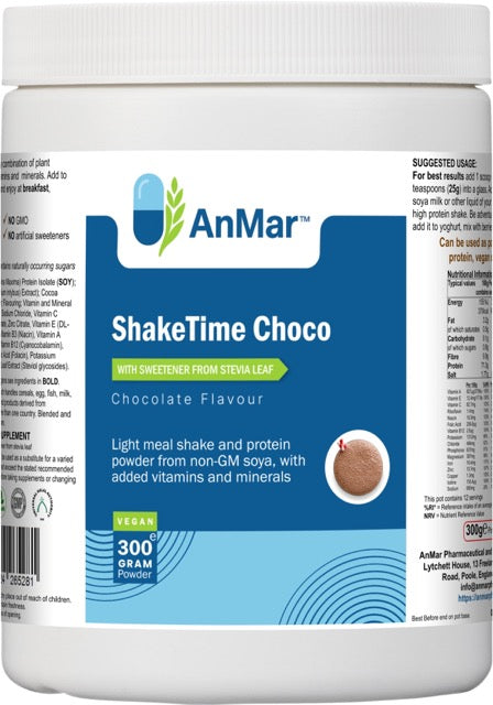 Front label of AnMar™ ShakeTime Choco 300g vegan chocolate protein powder with stevia, showing product name, flavour, benefits, and vegan certification.