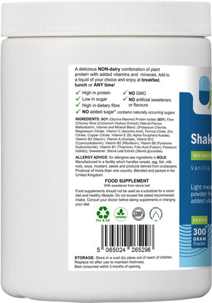 Rear label of AnMar™ ShakeTime Vanilla 300g tub showing non-dairy soy protein ingredients, nutritional highlights, allergen advice, and barcode.